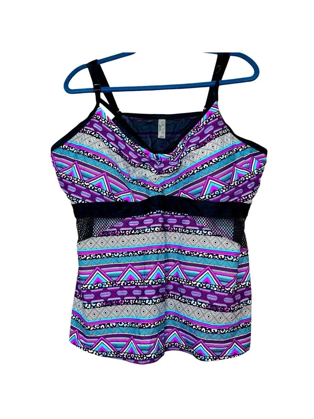 Cactus Tankini Swim Top Black Mesh Blue Tribal 3X Built in Bra Pool Beach Resort